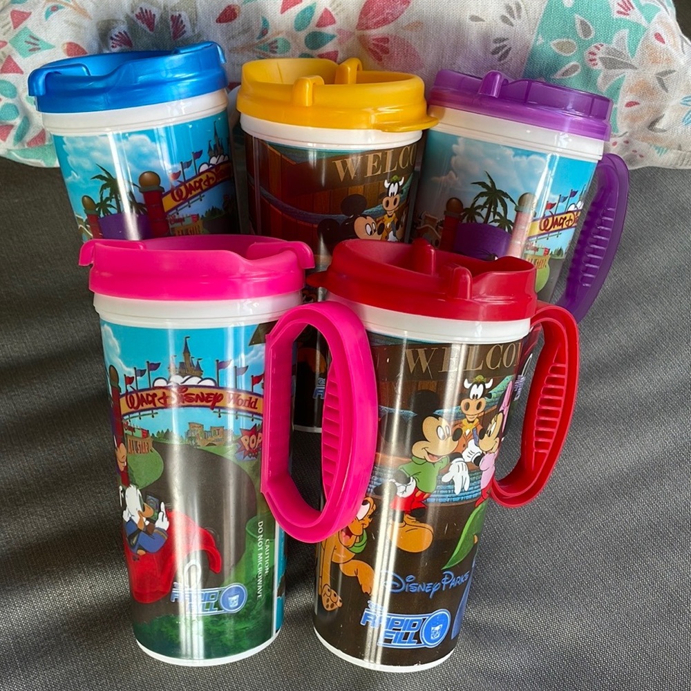 Set 5 12oz Disney insulated coffee drink cups mugs from Walt Disney World w/tops